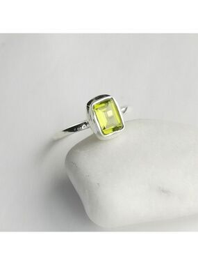 Peridot Gemstone Ring Emerald Cut Sterling Silver Size 6